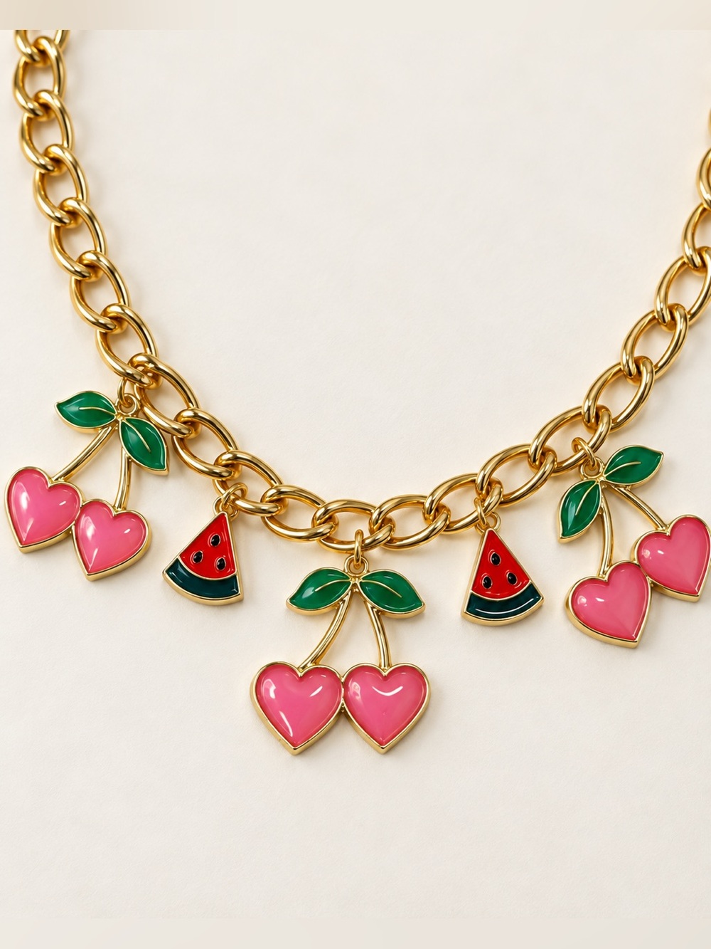 Gold Chain Necklace with Pink Cherry & Watermelon Charms
